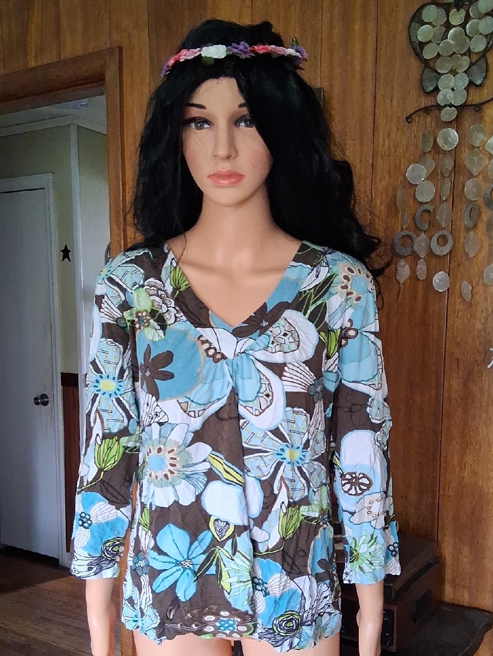 Chico's Blue, Brown & Green Floral V-Neck Top